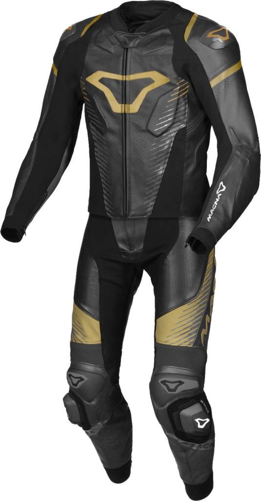 Macna Unisex Tronniq Lederkombi für Motorrad, perforiert, D-Form Overall, Gold, 58