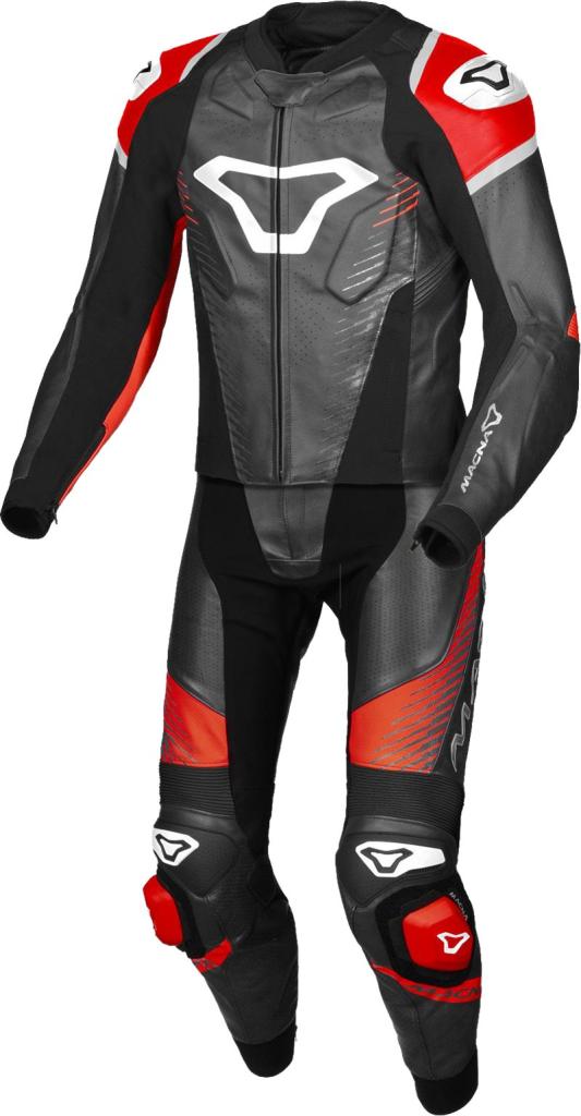 Macna Unisex Tronniq Lederkombi für Motorrad, perforiert, D-Form Overall, Schwarz/Rot, 58